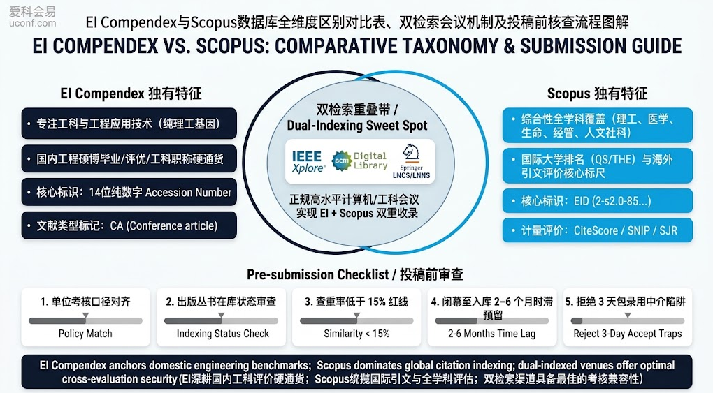 EI Compendex与Scopus数据库全维度区别对比表、双检索会议机制及投稿前核查流程图解